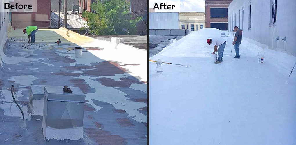 Before and After images of the flat roof on Truyo in Downtown Kirksville, MO